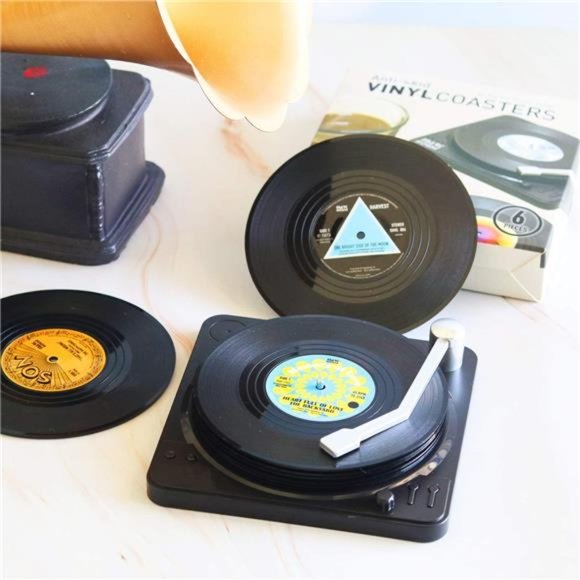 Retro Vinyl Record Coasters with Vinyl Record Player Holder - Set of 6 - Picture 4 of 4